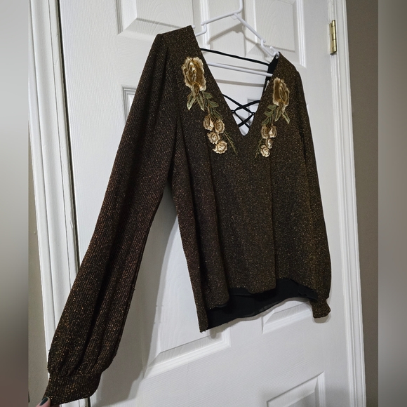 Gimmicks by BKE Floral Embroidered Brown & Gold Metallic Top, Deep V-Neck, EUC! - Picture 2 of 9